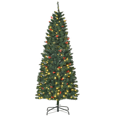 HOMCOM 6FT Prelit Artificial Pencil Christmas Tree with Warm White LED Light, Red Berry, Holiday Home Xmas Decoration, Green 