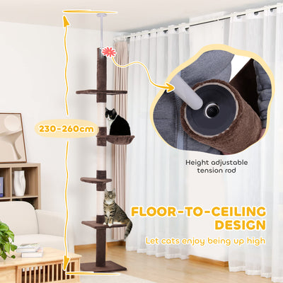 PawHut Floor to Ceiling Cat Tree for Indoor Cats 5-Tier Kitty Tower Climbing Activity Center Scratching Post Adjustable Height 230-260 cm Brown 
