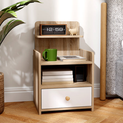 HOMCOM Multi-Storage Bedside Table - White/Wood-Effect 