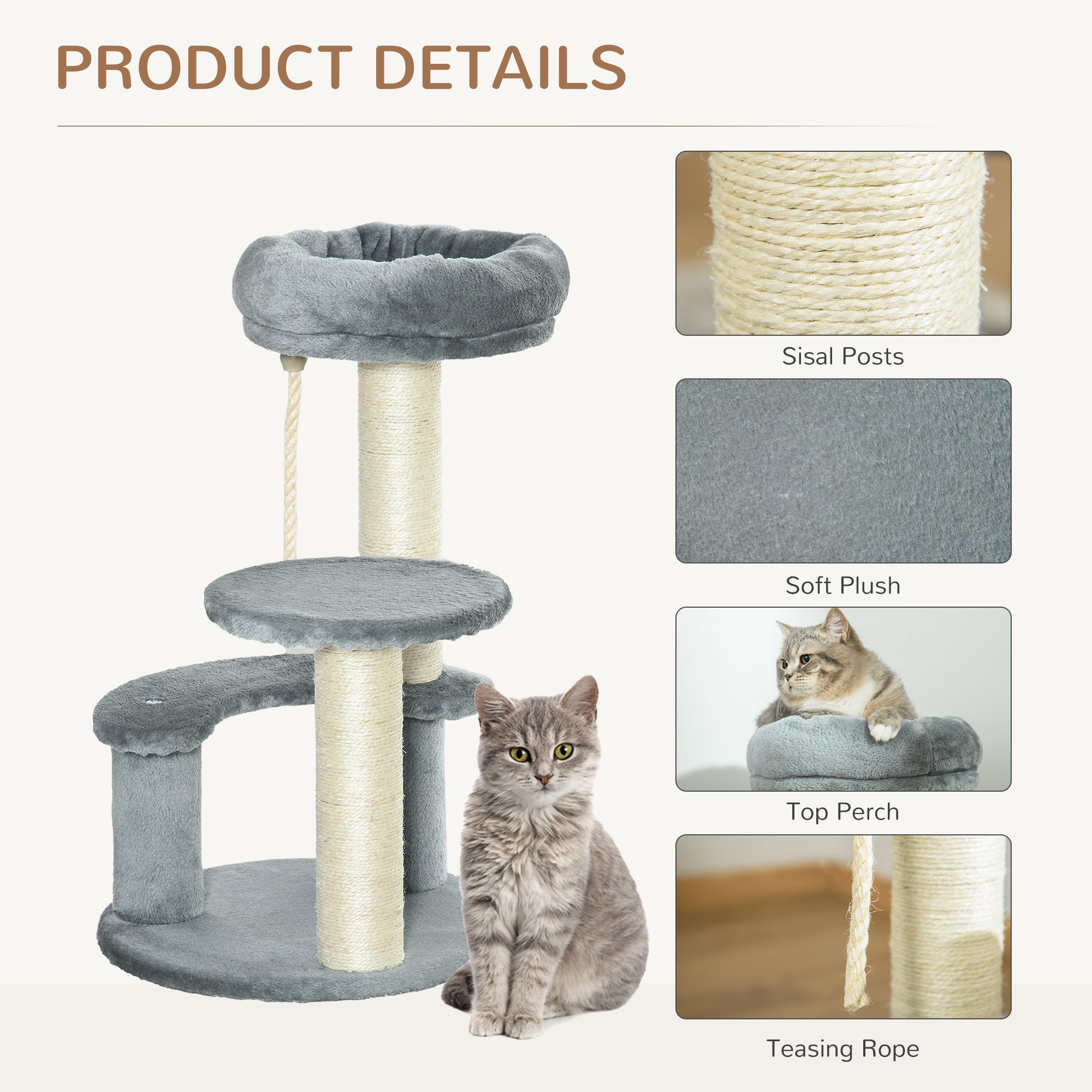 PawHut 65cm Cat Tree, Cat Tower for Kittens, Small Cat Condo with Sisal Scratching Posts, Hanging Rope, Perches - Grey 