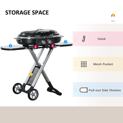 Outsunny Foldable Gas BBQ Grill 2 Burner Garden Barbecue Trolley w/ Lid Side Shelves Storage Pocket Piezo Ignition Thermometer, Aluminium Alloy 