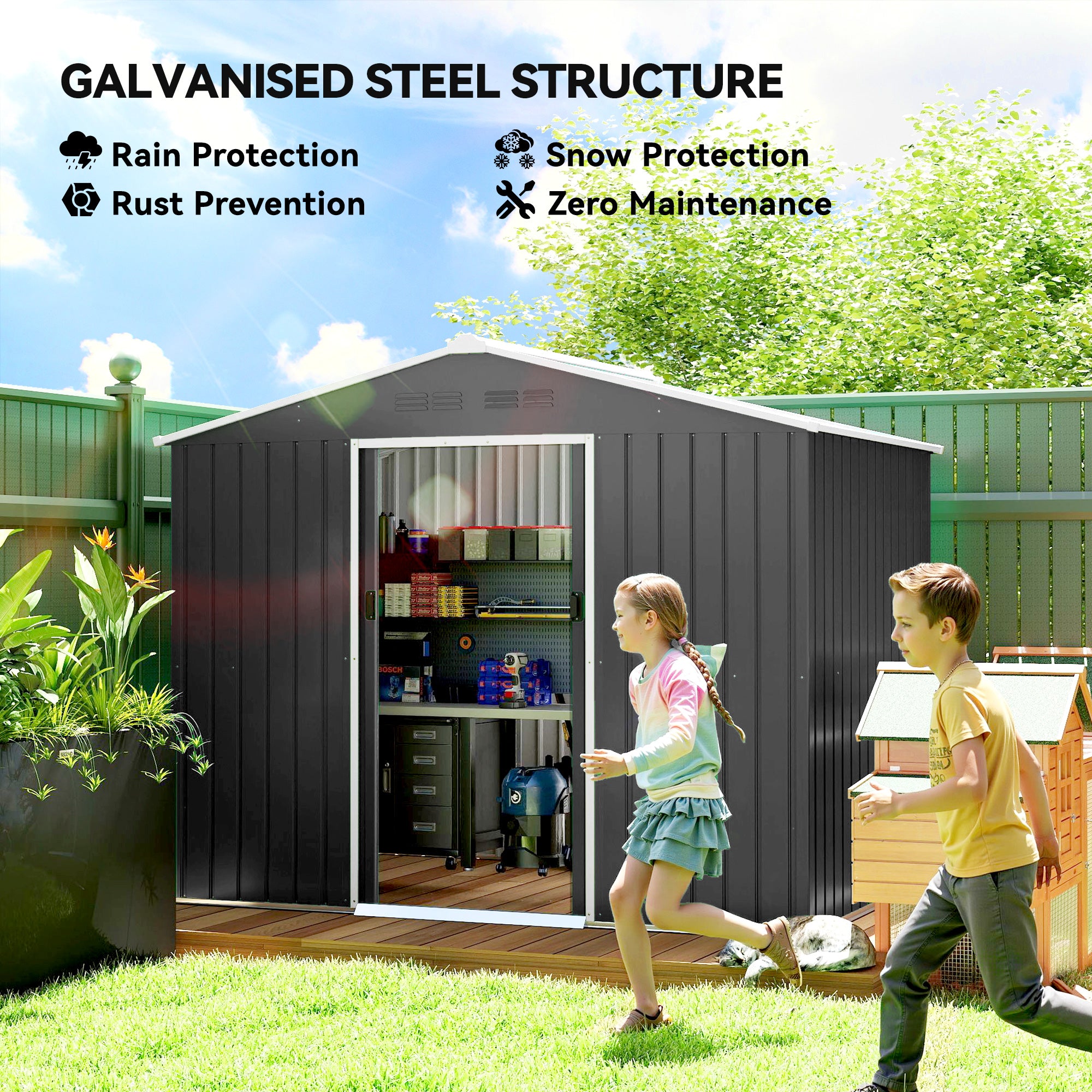 Outsunny 8 x 6ft Galvanised Steel Shed, with Double Door - Dark Grey 