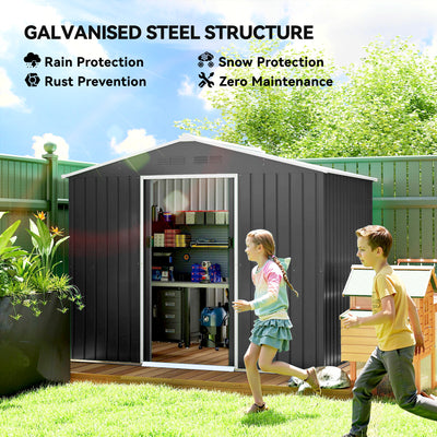 Outsunny 8 x 6ft Galvanised Steel Shed, with Double Door - Dark Grey 