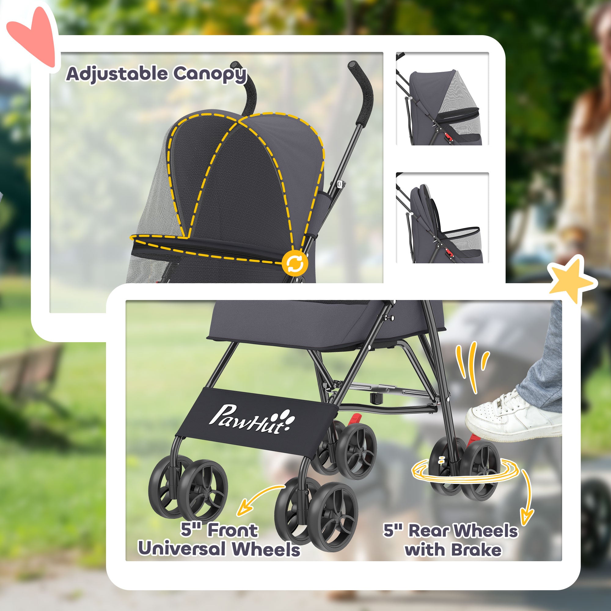 PawHut Dog Stroller, Foldable Cat Dog Pram for Miniature Breeds, Pet Stroller with Brake, Mesh Windows, Dark Grey 