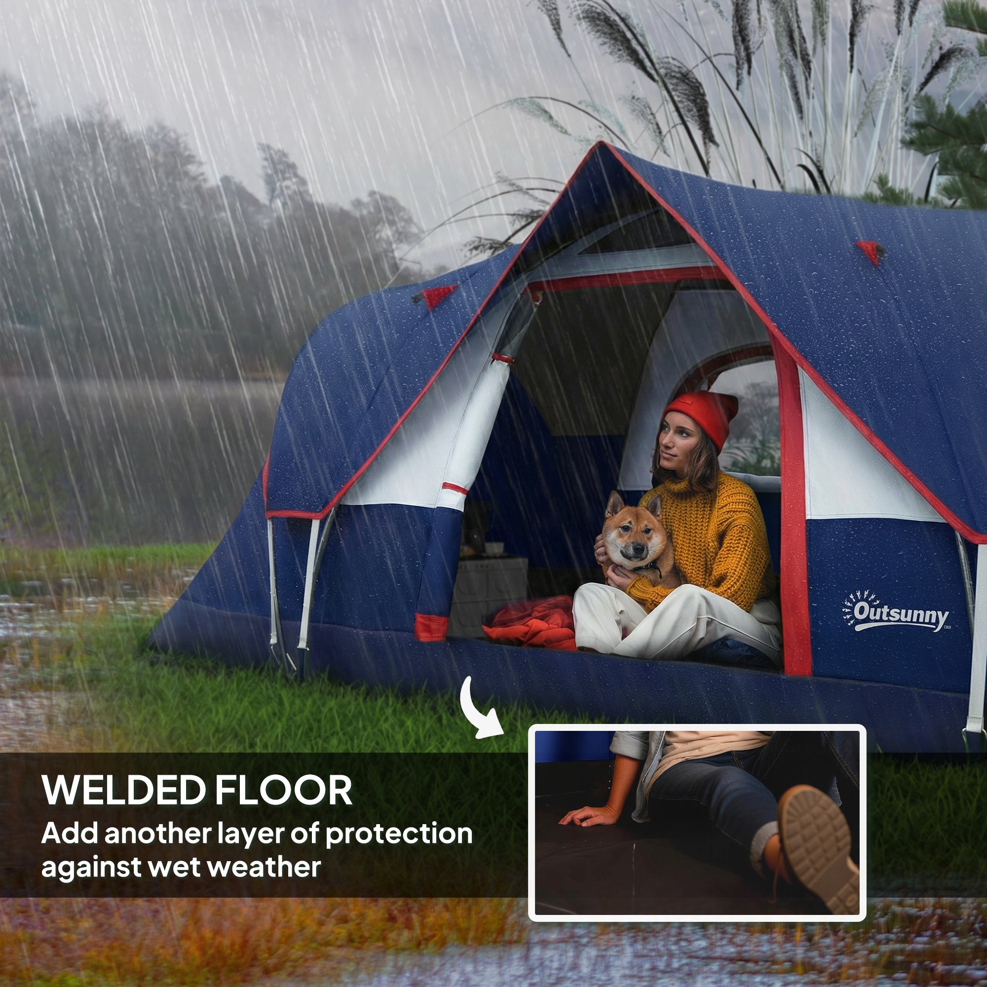 Outsunny 5-6 Man Camping Tent, Tunnel Tent, Water Resistant Hiking Shelter with Groundsheet and Carry Bag, Navy Blue 