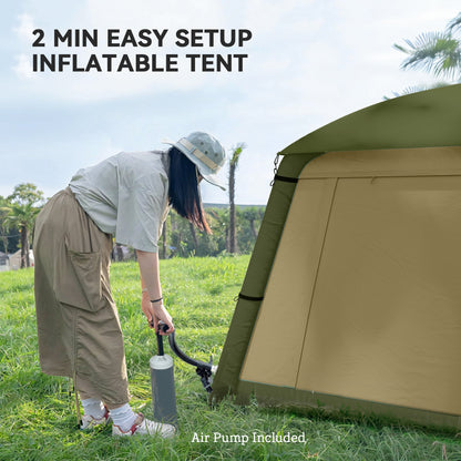 Outsunny Inflatable Camping Tent w/ Hand Pump, Easy Setup 1/2 Person Blow Up Tent Waterproof 190T Taffeta w/ Mesh Windows, Doors and Carry Bag, Brown 