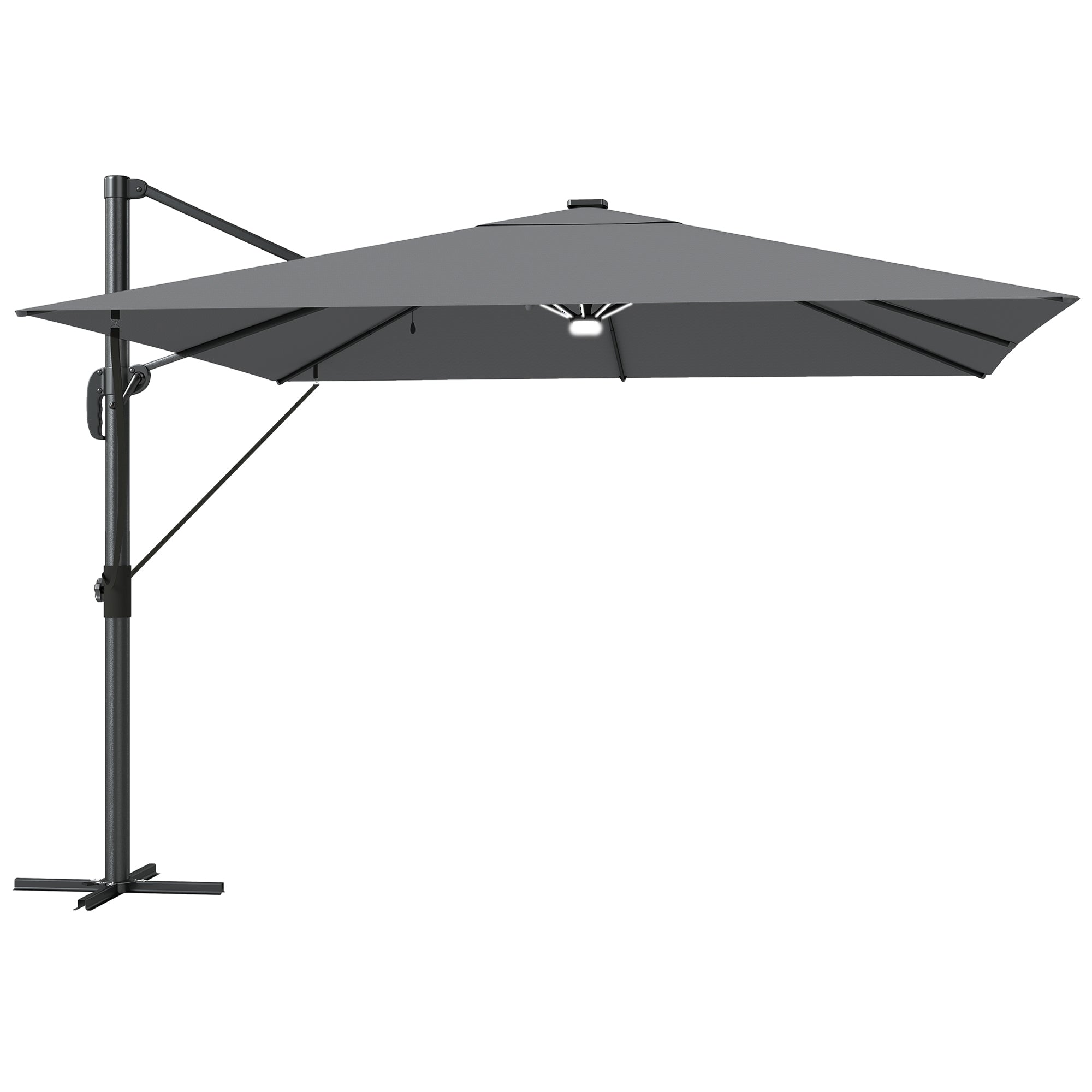 Outsunny 3 x 3 m Garden Cantilever Parasol with Light, Cover, Overhanging Umbrella w/ Wind Protection, 360° Rotation, Light Grey 