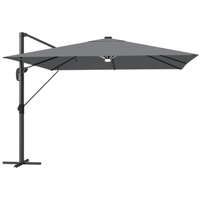 Outsunny 3 x 3 m Garden Cantilever Parasol with Light, Cover, Overhanging Umbrella w/ Wind Protection, 360° Rotation, Light Grey 