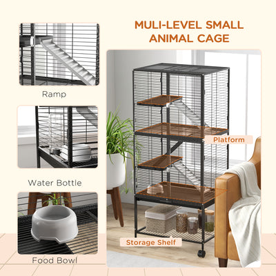 PawHut Rolling Chinchilla Cage, Small Animal Cage for Ferrets w/ Three Doors, Storage, Shelf, Tray Tray, Bowl, Water Bottle 