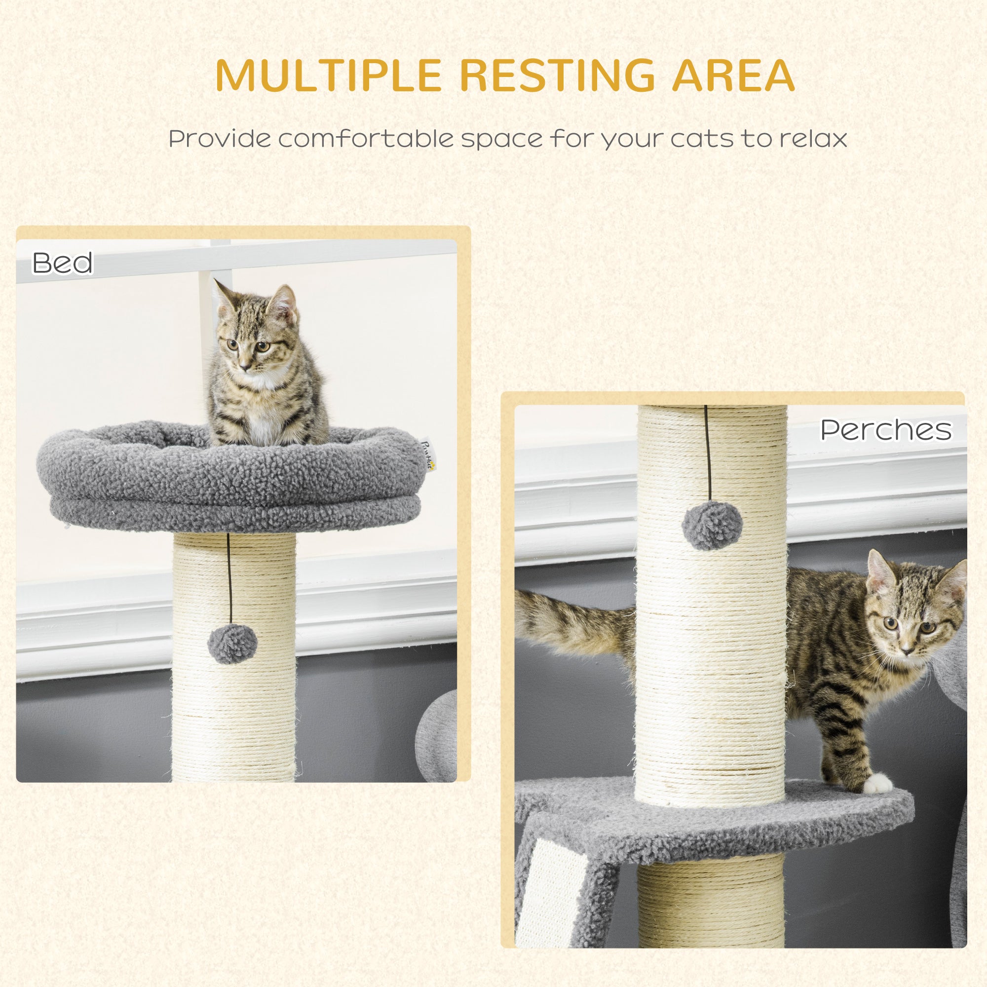 PawHut Cat Tree Tower with Scratching Posts, Pad, Bed, Toy Ball-Dark Grey 