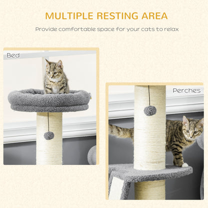 PawHut Cat Tree Tower with Scratching Posts, Pad, Bed, Toy Ball-Dark Grey 