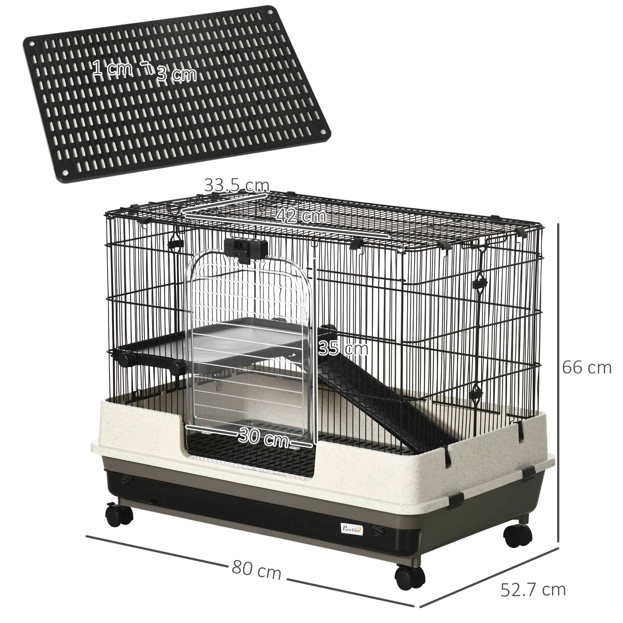 PawHut 2 Tier Rolling Small Animal Rabbit Cage Chinchillas Hutch Pet Play House with Platform Ramp Removable Tray 80 x 52.7 x 66 cm 
