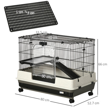PawHut 2 Tier Rolling Small Animal Rabbit Cage Chinchillas Hutch Pet Play House with Platform Ramp Removable Tray 80 x 52.7 x 66 cm 