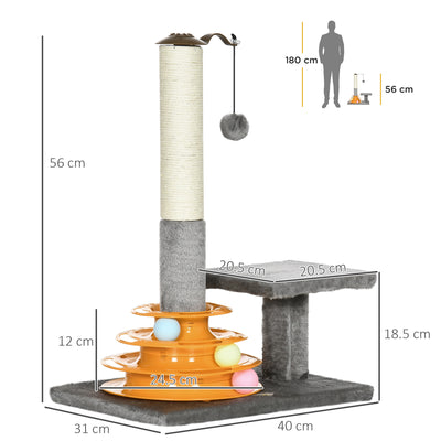 PawHut 56cm Cat Tree Tower Activity Centre, Climbing Stand Kitten House Furniture w/ Scratching Posts, Toy Ball - Grey 