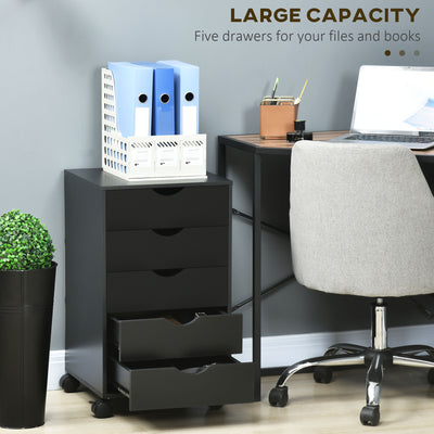 HOMCOM 5 Drawer Mobile Filing Cabinet, Vertical File Cabinet, Modern Rolling Office Storage Organizer Cupboard, Black 