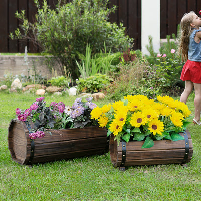 Outsunny 2PCs 56L Wooden Planter Box Flower Plant Pot Outdoor Flower Beds Plant Box with Solid Wood Carbonized Colour 