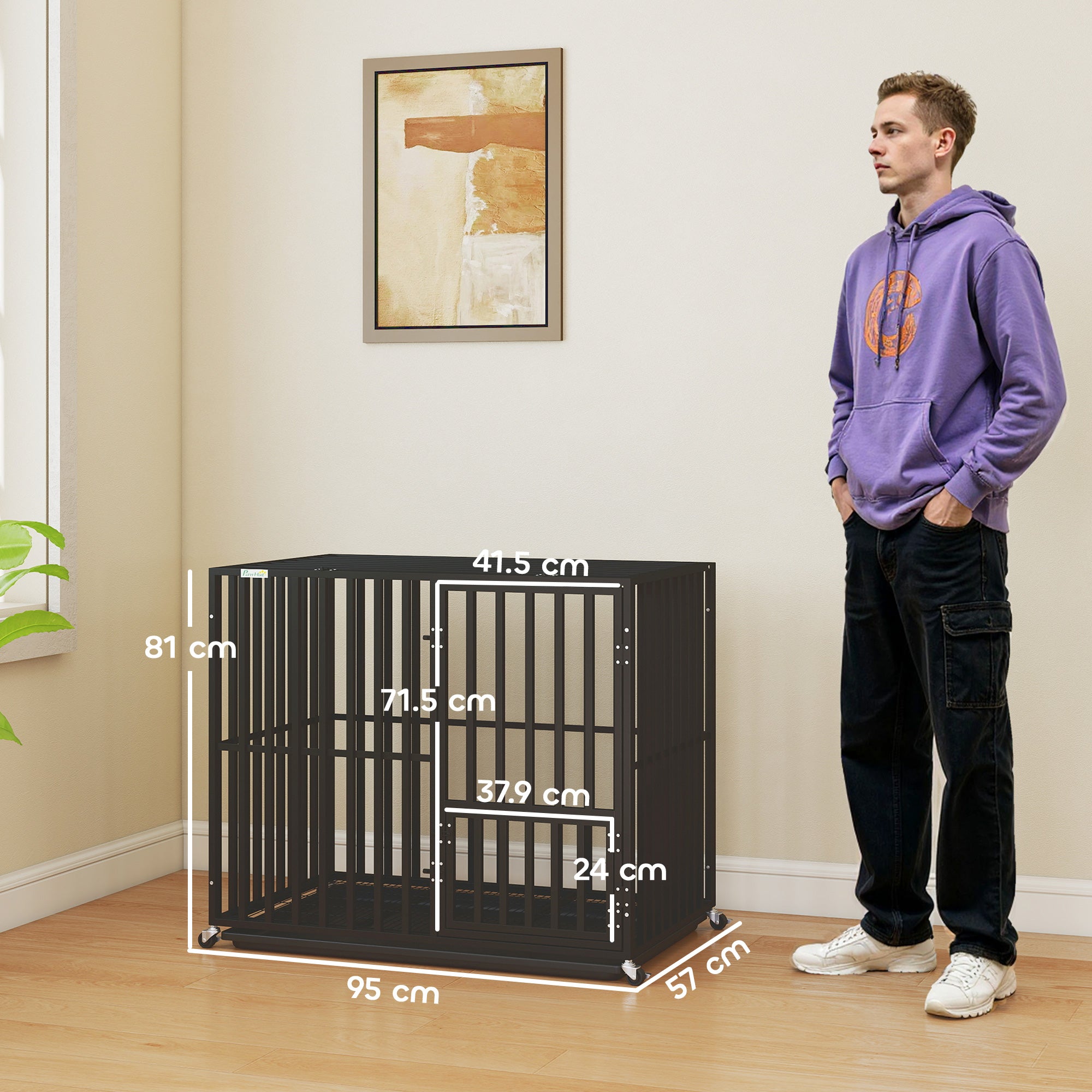 PawHut Heavy Duty Dog Crate, Dog Cage with Wheels for Small Medium Breeds, Metal Pet Kennel with Removable Tray 