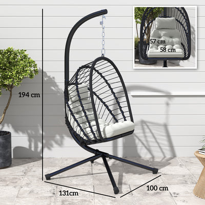 Outsunny Outdoor PE Rattan Swing Chair with Cushion, Garden Foldable Basket Patio Hanging Egg Chair with Metal Stand, Headrest, for Indoor and Outdoor, Black 