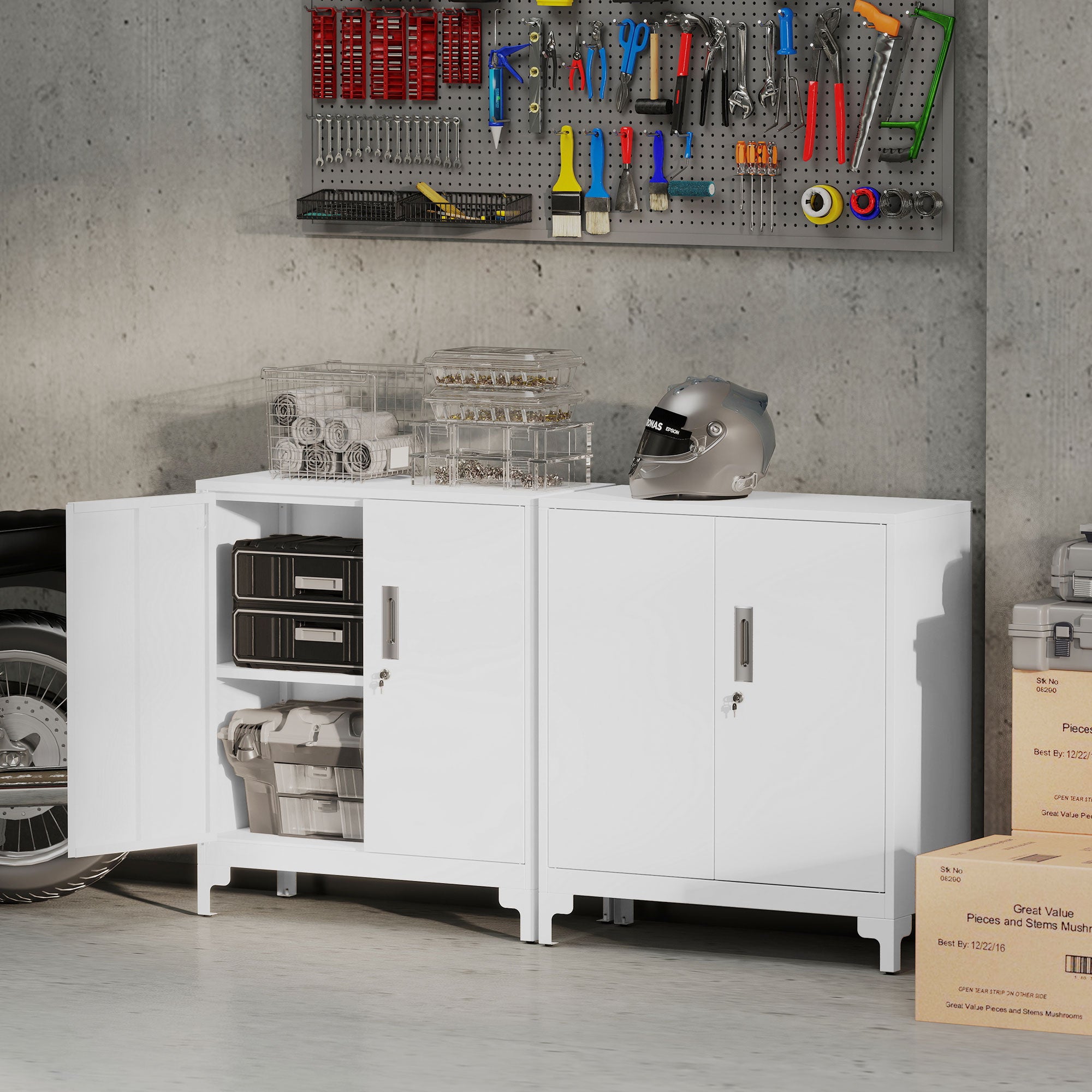 HOMCOM Lockable Metal Filing Cabinet, 2-Tier Storage Cupboard with Double Doors, Modern Office Organiser, White 