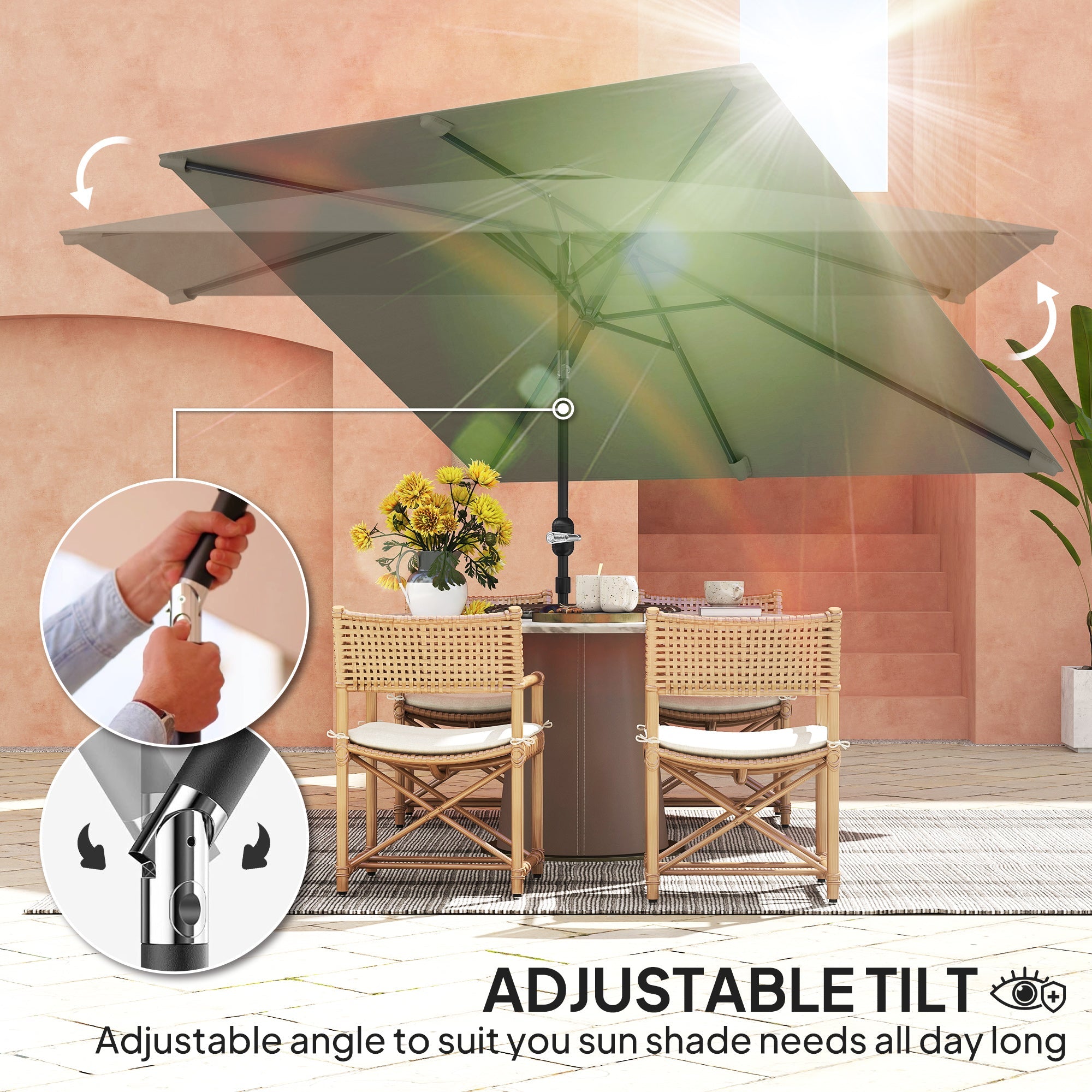 Outsunny 3x2m Patio Parasol Garden Umbrellas Canopy with Aluminium Tilt Crank Rectangular Sun Shade Steel, Light Grey 