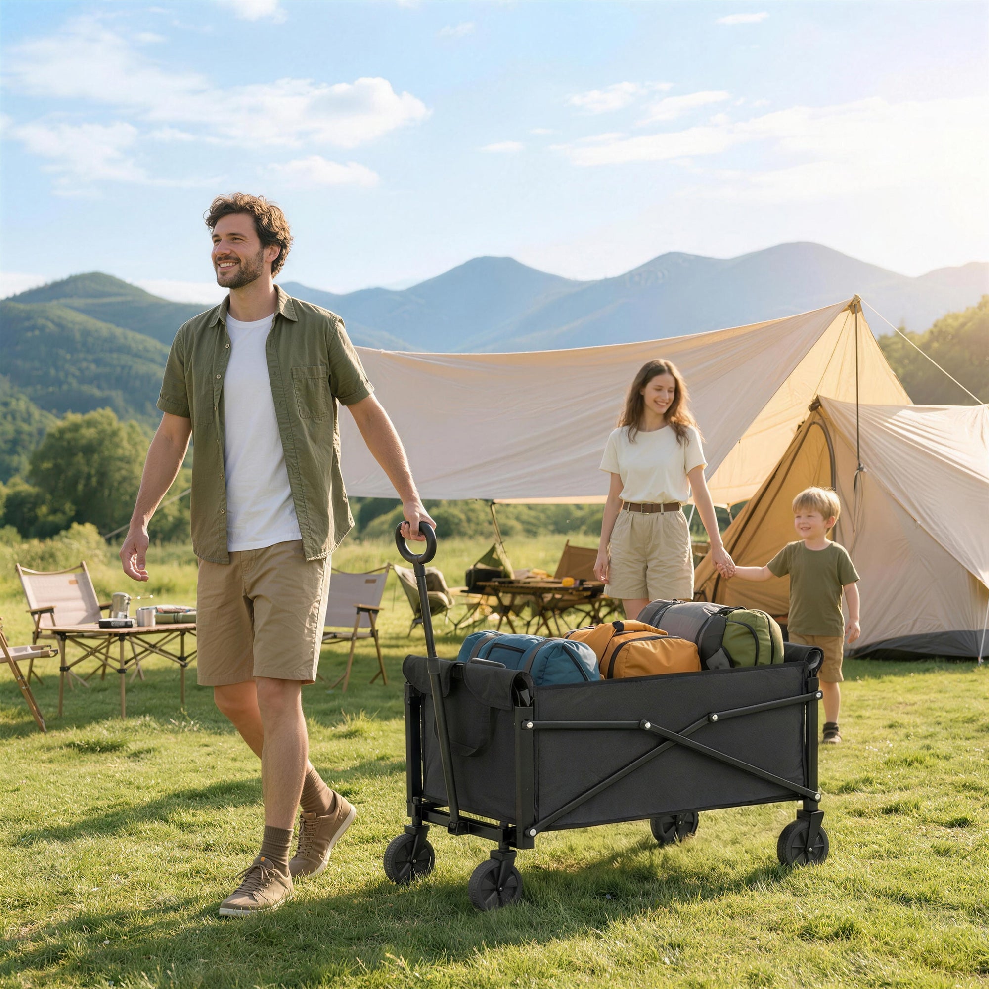 Outsunny 81L Festival Trolley on Wheels, Compact Garden Folding Trolley Cart with Adjustable Handle 80L Black 