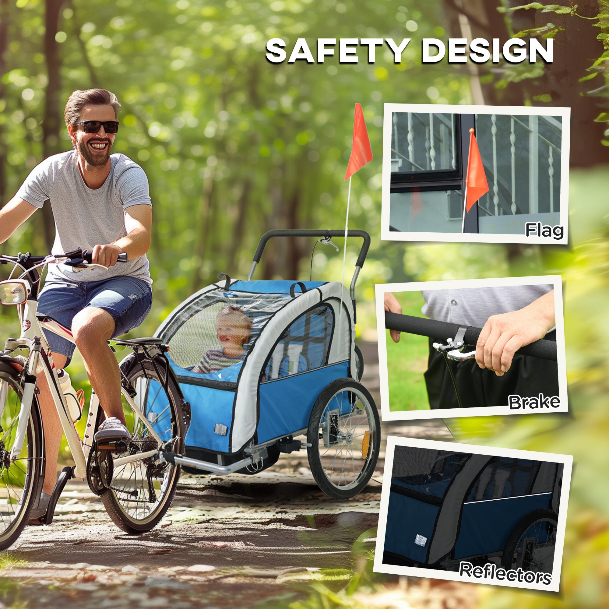 HOMCOM 2 Seat Bike Trailer with 5 Point Harness, Baby Bike Stroller with Safety Flag, Reflectors, for 18+ Months, Blue 