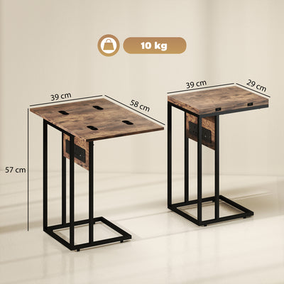 HOMCOM C Shaped Side Table with Charging Station and Foldable Top - Rustic Brown 