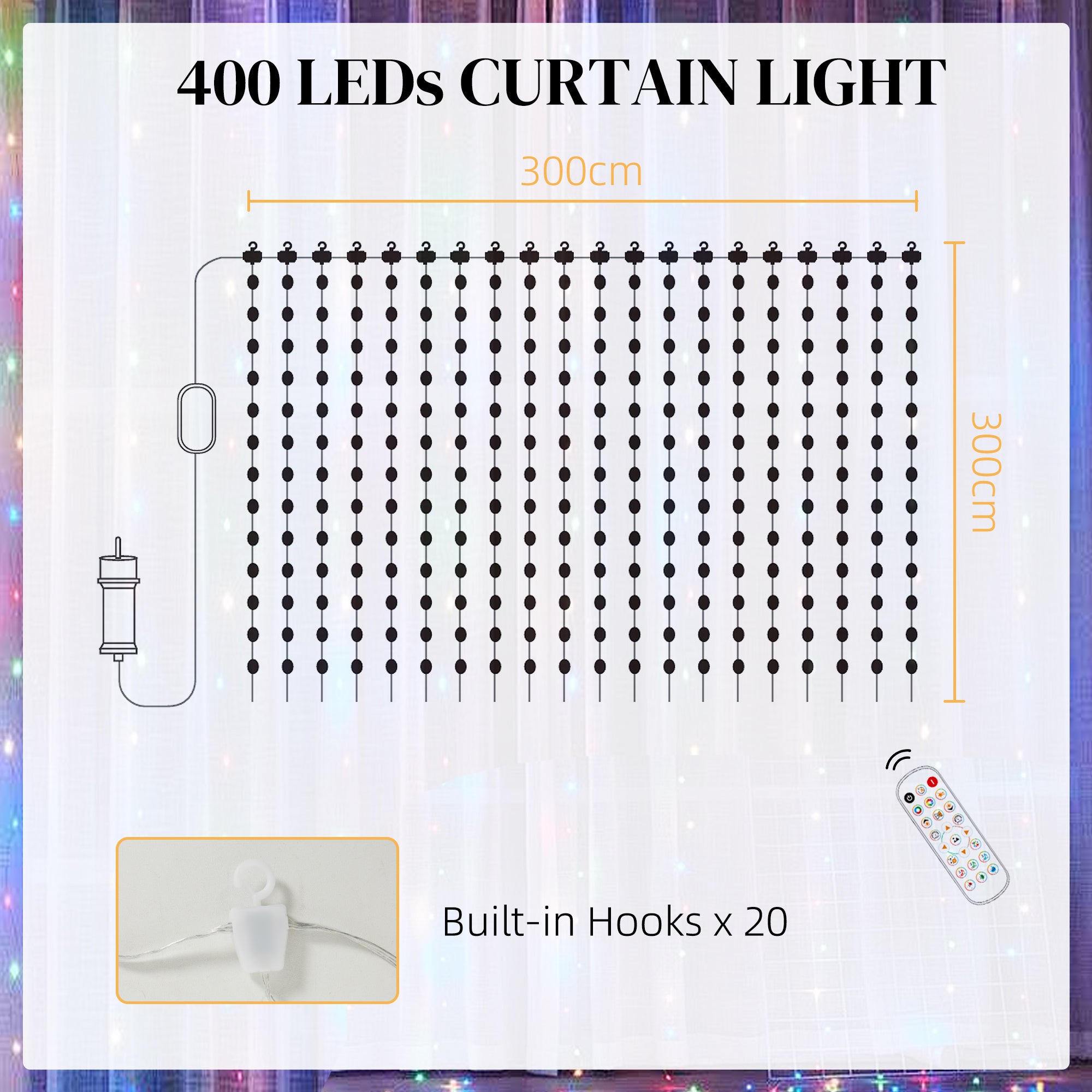 HOMCOM LED Curtain Lights, Smart Curtain Fairy Lights Plug In, Colour Changing Wall Lights with Remote, App, Dynamic DIY Hanging Window String Lights for Bedroom Living Room, 3x3(m), 400 RGBIC LED 