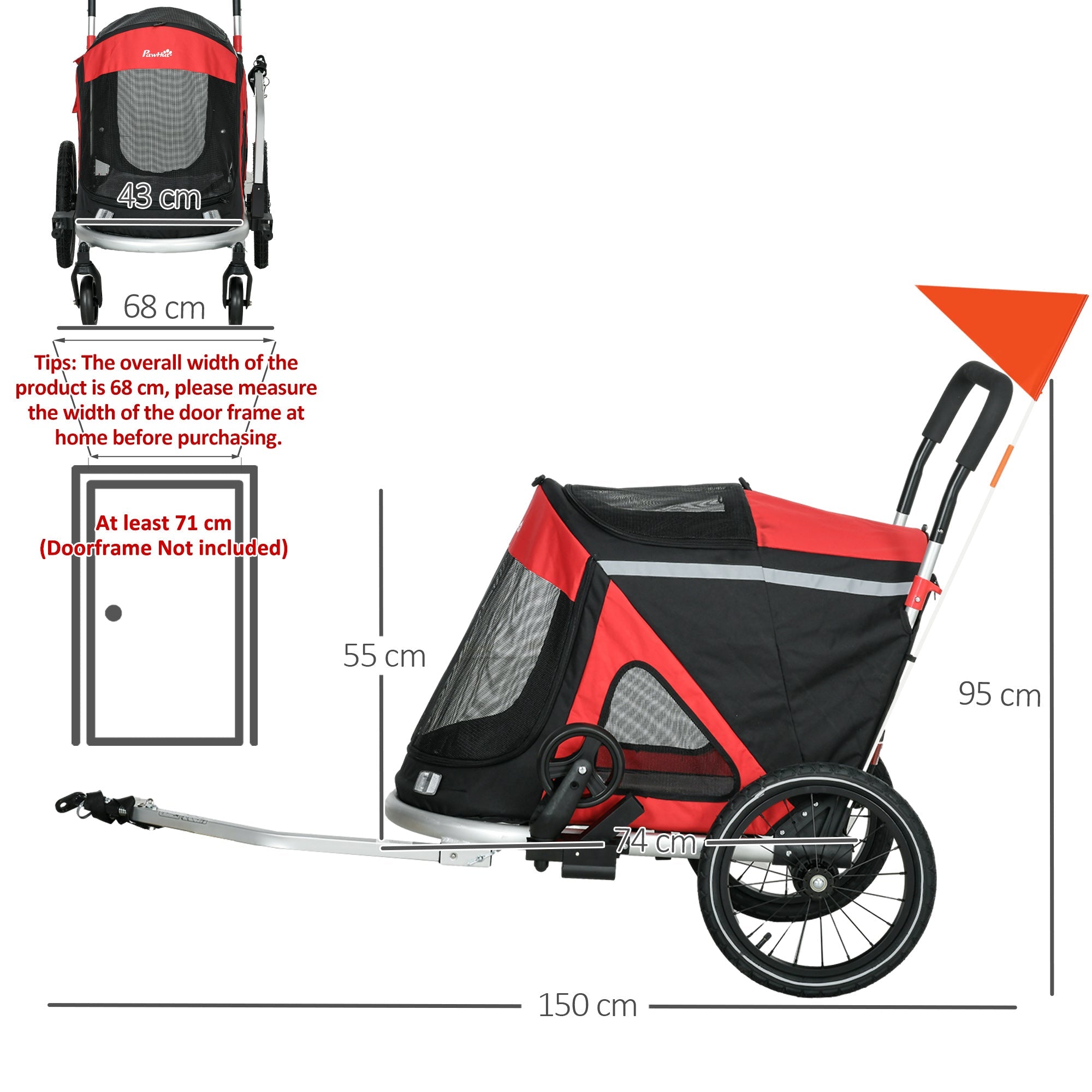 PawHut 2 in 1 Aluminium Foldable Dog Bike Trailer, Pet Stroller, for Medium Dogs - Red 