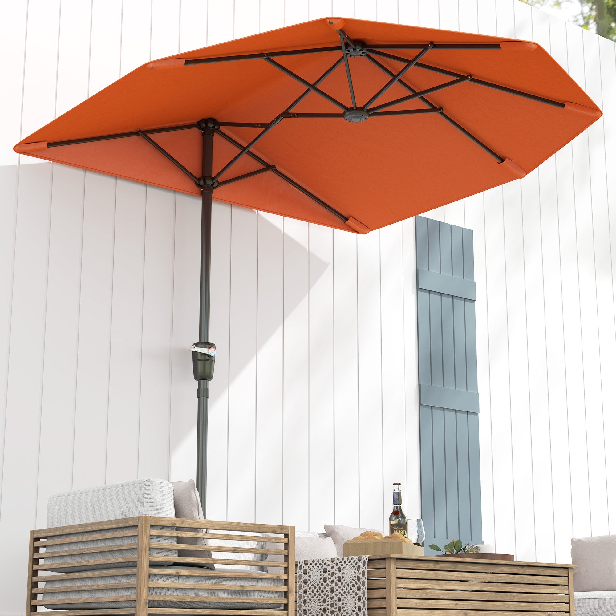 Outsunny 2m Half Parasol Market Umbrella Garden Balcony Parasol with Crank Handle, Cross Base, Double-Sided Canopy, Orange 