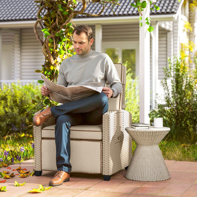 Outsunny Rattan Garden Recliner Chair, Adjustable Backrest Reclining Rattan Chair with Flip Table, Cushion and Footrest, Indoor Outdoor Lounge Reclining Sun Lounger for Patio, Yellow/Beige 