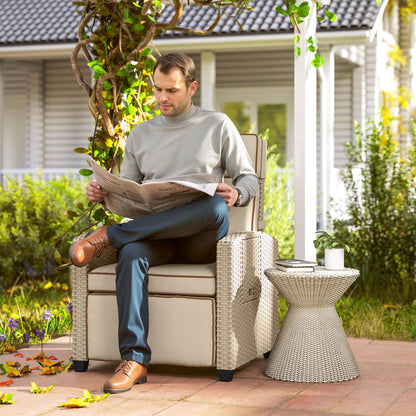 Outsunny Rattan Garden Recliner Chair, Adjustable Backrest Reclining Rattan Chair with Flip Table, Cushion and Footrest, Indoor Outdoor Lounge Reclining Sun Lounger for Patio, Yellow/Beige 