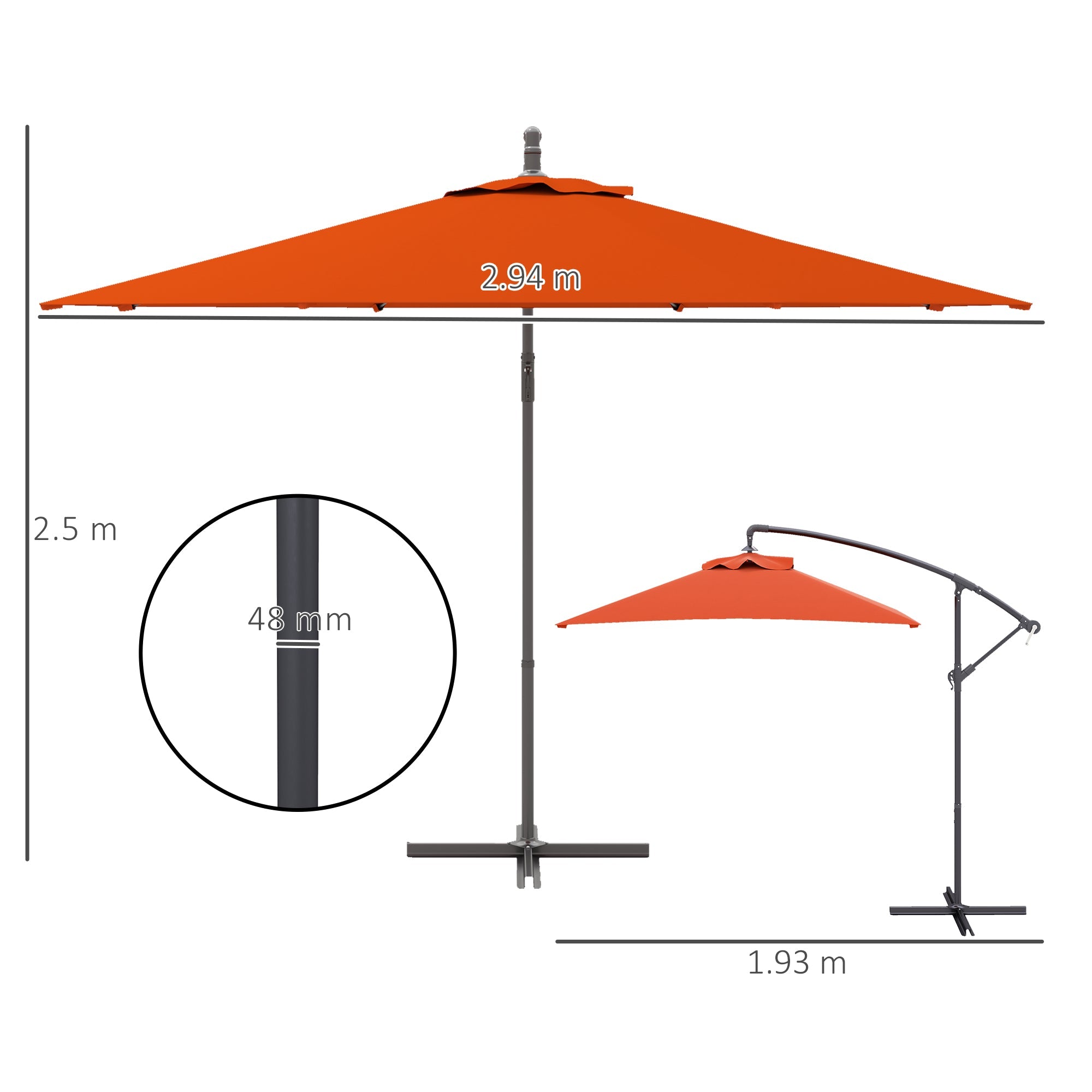 Outsunny 3(m) Cantilever Overhanging Parasol, with Cross Base - Orange 