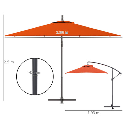 Outsunny 3(m) Cantilever Overhanging Parasol, with Cross Base - Orange 