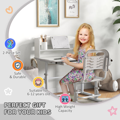 ZONEKIZ Height Adjustable Kids Study Table and Chair Set, with Drawer, Storage Shelf, 80 x 54.5 x 104 cm, Grey 