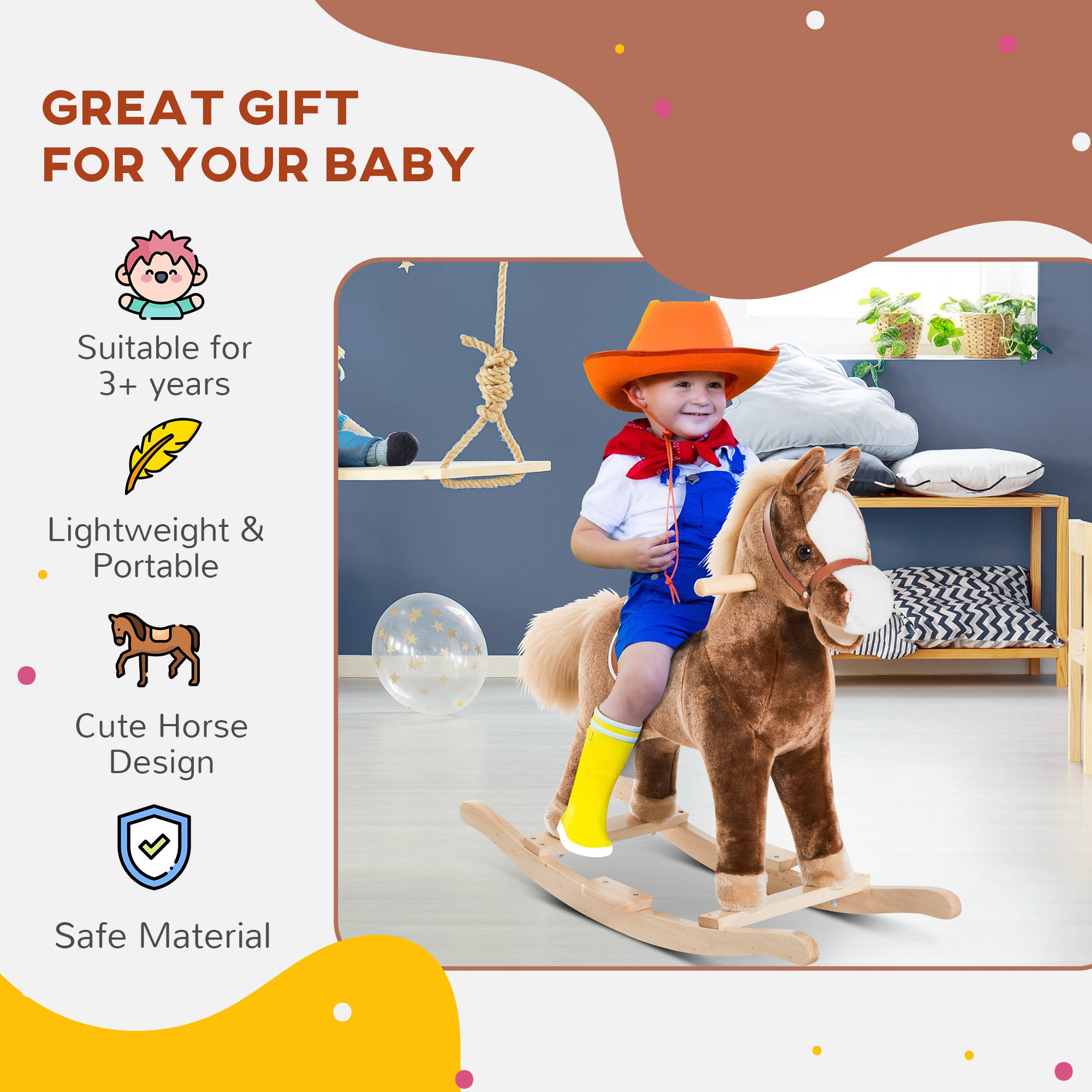 HOMCOM Kids Children Plush Rocking Horse Wooden Base Ride On Toy Rocker with Handle Grip Traditional Toy Fun Gift for Age 3+ (Brown) 
