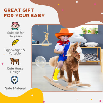 HOMCOM Kids Children Plush Rocking Horse Wooden Base Ride On Toy Rocker with Handle Grip Traditional Toy Fun Gift for Age 3+ (Brown) 