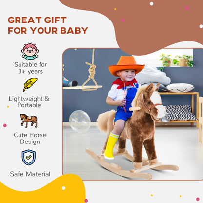 HOMCOM Kids Children Plush Rocking Horse Wooden Base Ride On Toy Rocker with Handle Grip Traditional Toy Fun Gift for Age 3+ (Brown) 