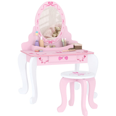 AIYAPLAY Kids Dressing Table Set, Vanity Table with Stool, Mirror, Drawer, Desktop Storage, Ballet Theme, Pink 