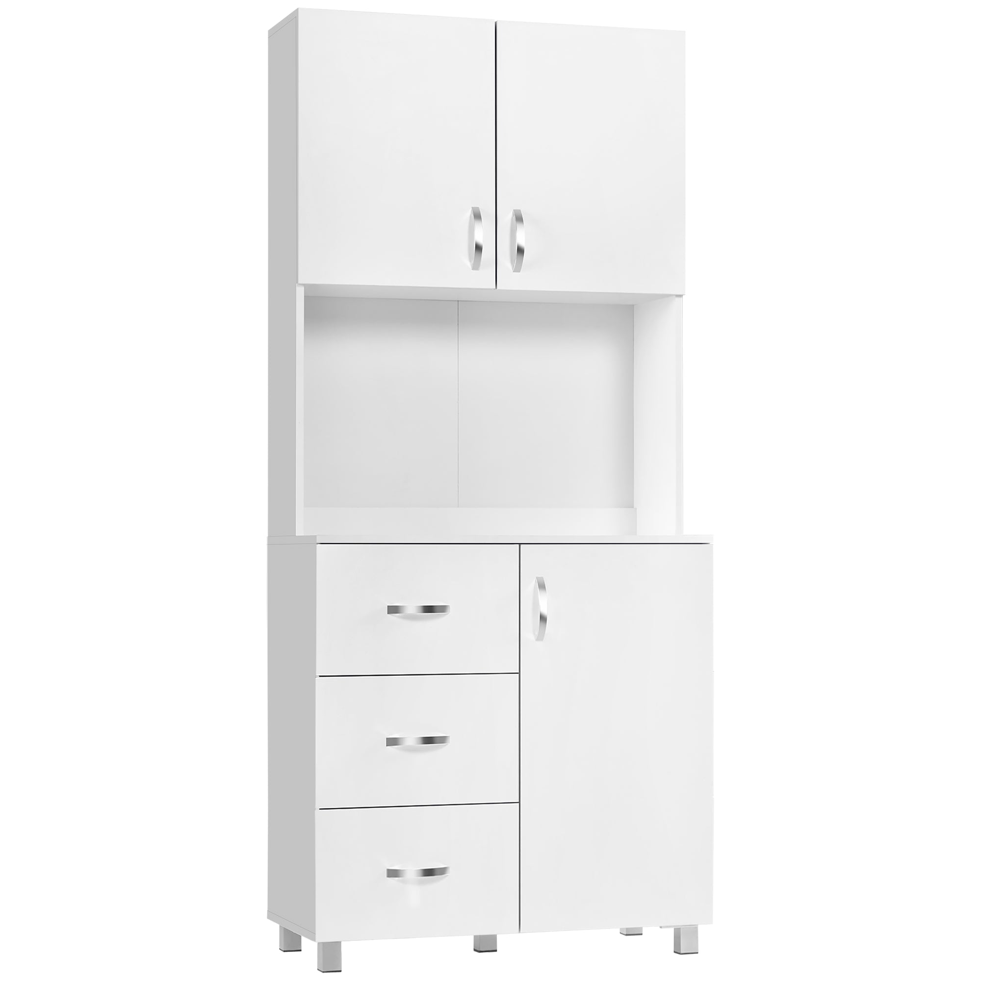 HOMCOM Free standing Kitchen Cupboard, Storage Cabinet with Doors and Sheleves, 3 drawers and Open Space, Adjustable Height Storage Unit, White 