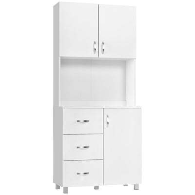 HOMCOM Free standing Kitchen Cupboard, Storage Cabinet with Doors and Sheleves, 3 drawers and Open Space, Adjustable Height Storage Unit, White 