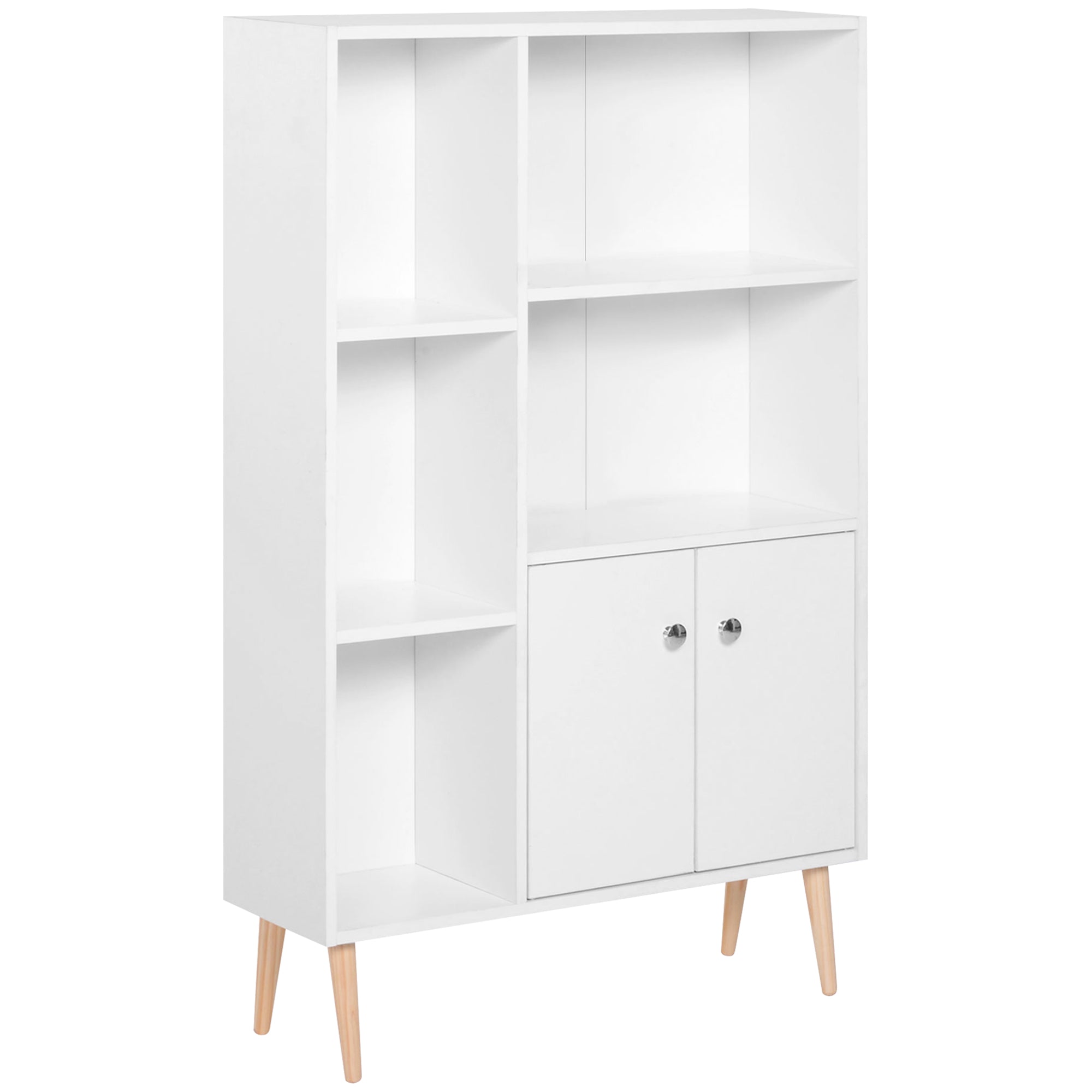 HOMCOM Sideboard Storage Cabinet Cupboard, Open Bookcase with 2 Doors 5 Compartments Wooden Modern Style for Living Room Bedroom Kitchen 80 x 23 x 123 cm, White 
