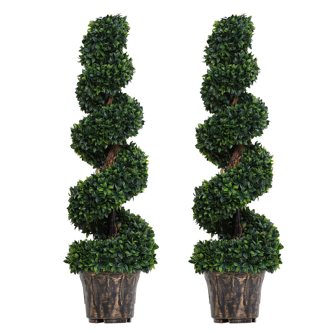 Outsunny Set of 2 Artificial Boxwood Spiral Topiary Trees Potted Decorative Plant Outdoor and Indoor Décor 120cm 