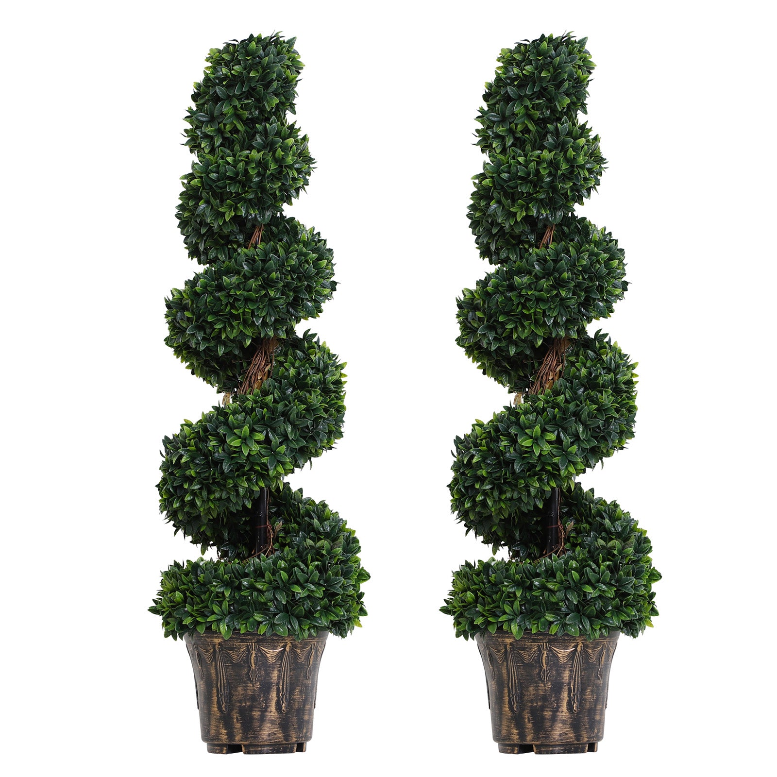 Outsunny Set of 2 Artificial Boxwood Spiral Topiary Trees Potted Decorative Plant Outdoor and Indoor Décor 120cm 
