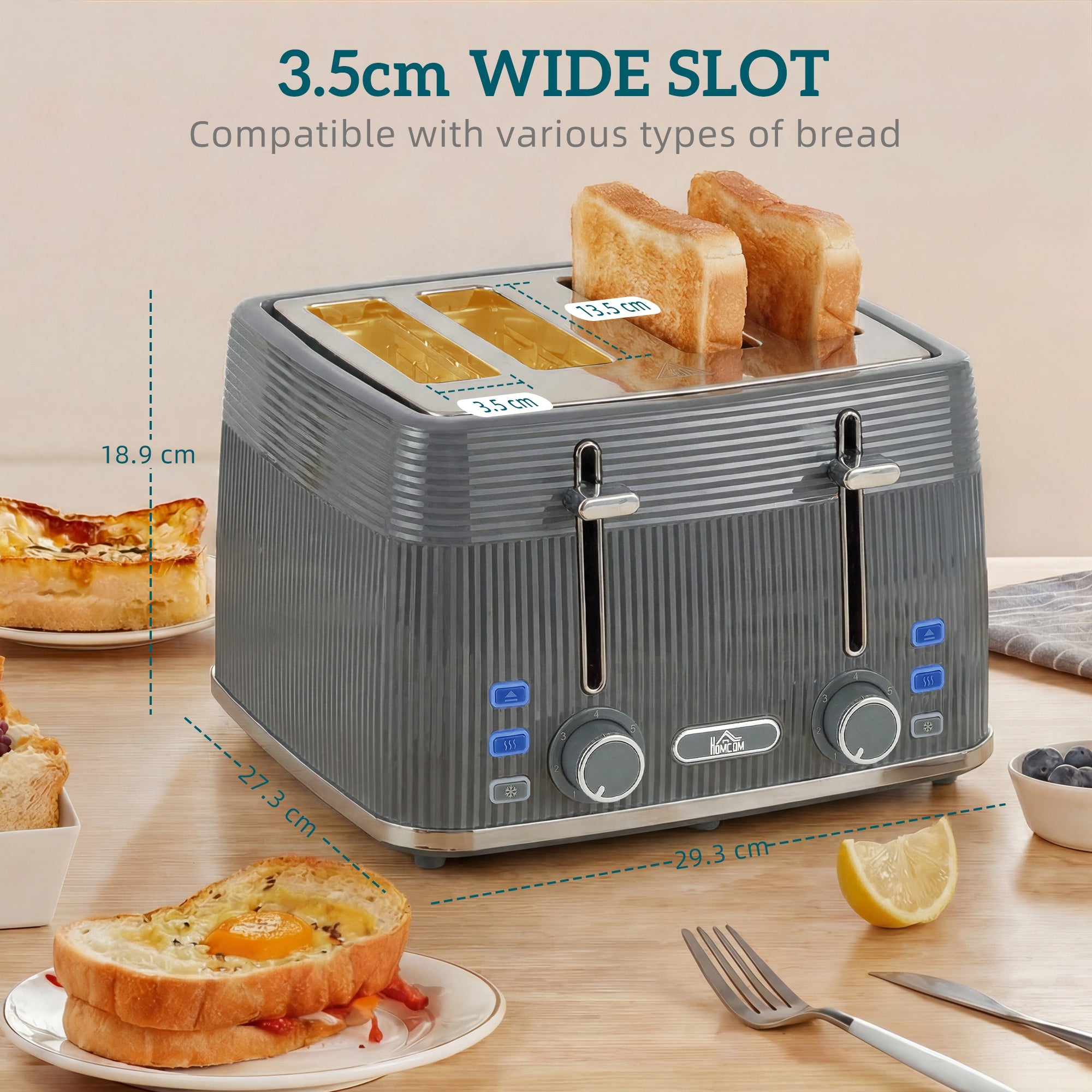HOMCOM 4 Slice Toaster with 7 Browning Levels, Bread Toaster with Removable Crumb Tray, Grey 