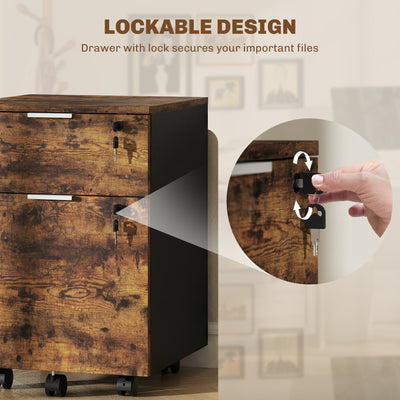 HOMCOM Two-Drawer Lockable Filing Cabinet - Black and Rustic Brown 
