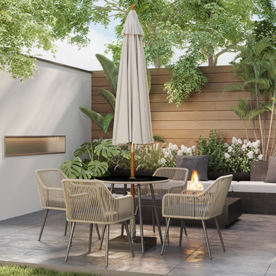 Outsunny 4 Seater Rattan Dining Set, Rattan Garden Furniture Set with Parasol Hole, Outdoor Dining Table and Chairs Set with Cushions, Round Glass Top Table for Patio, Balcony, Light Brown 