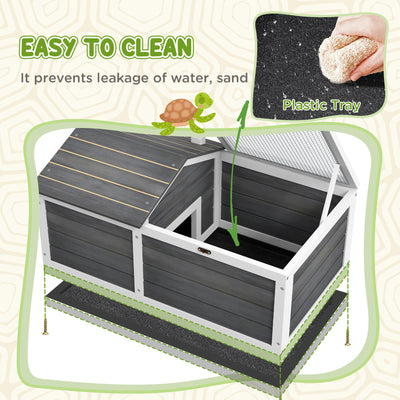 PawHut Wooden Tortoise House, Small Pet Reptile Shelter, with Hide Den and Run - Grey 