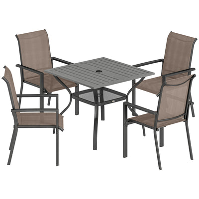 Outsunny 5 Pieces Outdoor Dining Set for 4, Garden Table and Stackable Chairs with Breathable Mesh Seat, Grey and Khaki 