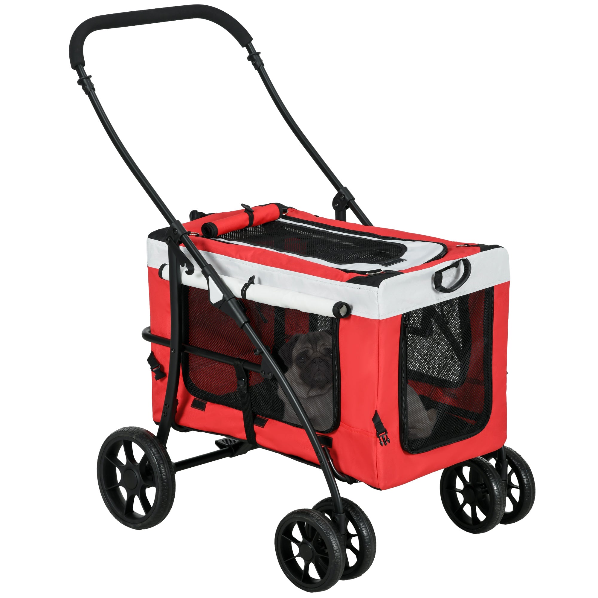 PawHut Foldable Dog Stroller, Pet Travel Crate, with Detachable Carrier, Soft Padding, for Mini, Small Dogs - Red 